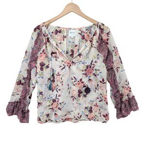 MISA Los Angeles Sia Top Womens Burgundy Floral Semi Sheer Ruffle Chiffon Size S